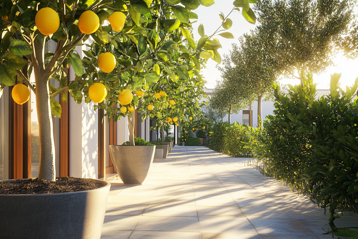 A row of vibrant lemon trees in large pots along a sunlit outdoor walkway, illustrating how to care for indoor lemon trees with proper sunlight and space for healthy growth.