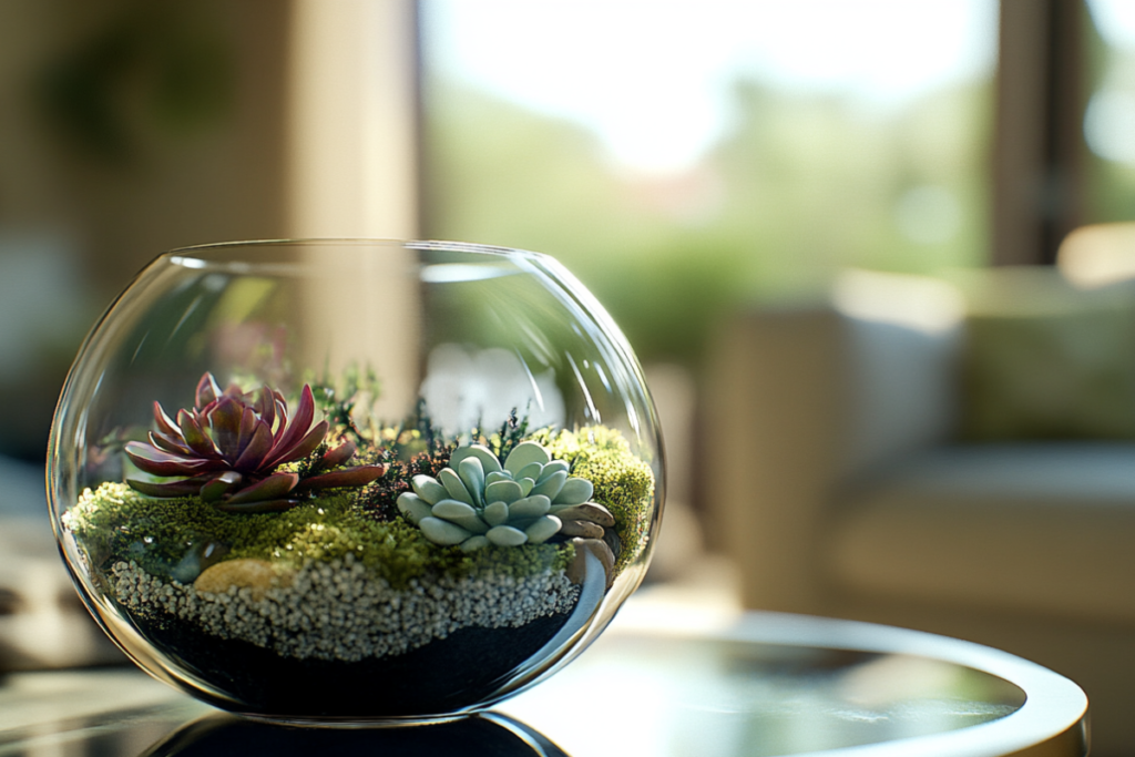 A close-up view of a terrarium with succulent plants inside a round glass container, illustrating how to care for a terrarium and maintain healthy plant growth.