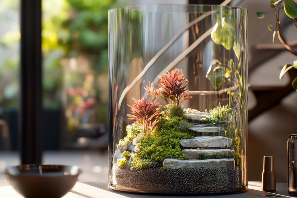 A tall glass terrarium featuring stone steps and vibrant greenery, showing how to care for a terrarium with decorative elements and maintain balance in a closed system.