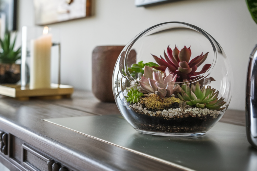 A modern glass terrarium on a wooden surface containing assorted succulents, demonstrating how to care for a terrarium in an open environment for optimal growth.