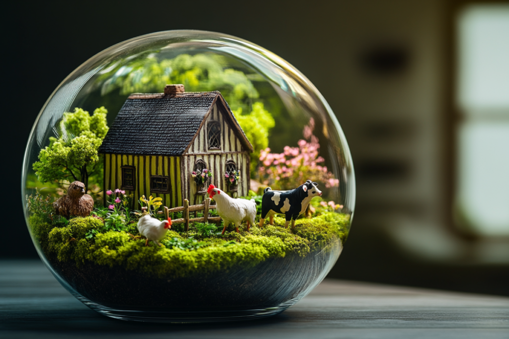 A whimsical glass terrarium with a miniature farm scene, including a cottage, trees, and animal figures, showcasing how to care for a terrarium creatively while maintaining plant health.