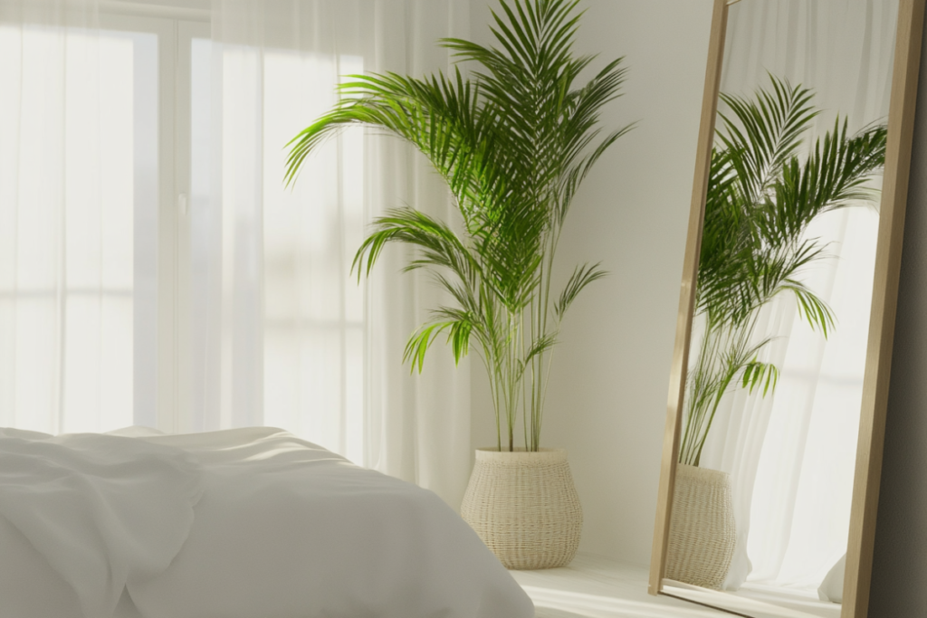 Minimalist Scandinavian bedroom featuring an Areca Palm in a white ceramic pot, adding natural elegance and showcasing one of the best plants for bedroom decor.