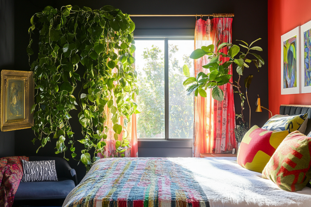 Vibrant eclectic bedroom with a trailing Hoya plant in a hanging basket, its waxy green leaves bringing texture and depth, showcasing one of the best plants for bedroom decor.