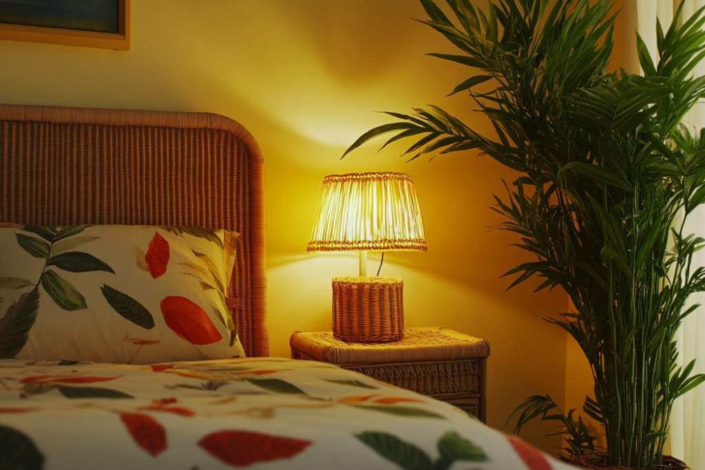 Tropical-themed bedroom featuring a Bamboo Palm in a woven basket, standing tall in the corner to enhance air quality, among the best plants for bedroom retreats.