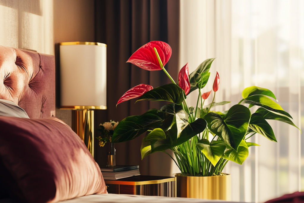 Luxurious bedroom with an Anthurium in a gold-accented pot, its red flowers adding a bold pop of color, perfect as one of the best plants for bedroom ambiance.