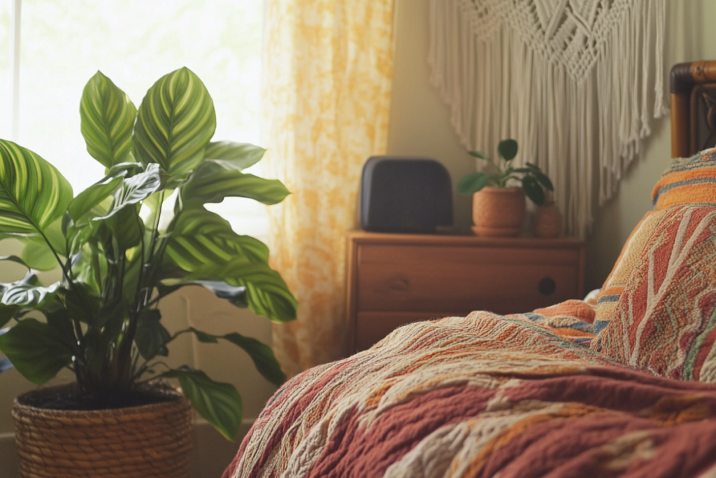 Boho-inspired bedroom with a Calathea Orbifolia in a rattan planter, its striped green leaves complementing the earthy tones as one of the best plants for bedroom styling.