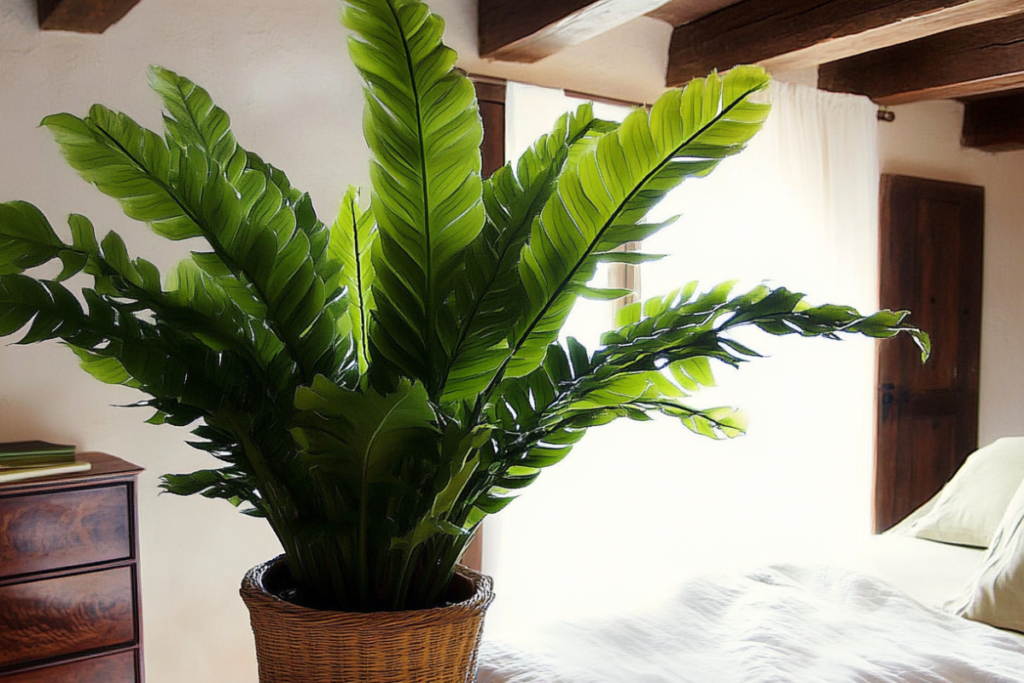 Rustic bedroom with a Bird’s Nest Fern in a ceramic pot, its lush green fronds adding texture and warmth, making it one of the best plants for bedroom spaces.