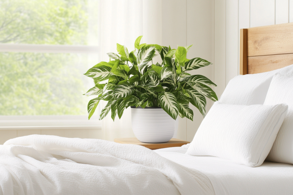 Contemporary bedroom featuring a Zebra Plant on a wooden bedside table, its bold white-striped leaves adding a refreshing focal point, among the best plants for bedroom decor.