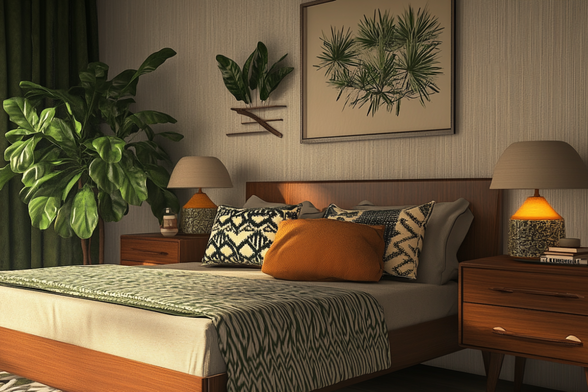 Mid-century modern bedroom with a Prayer Plant on a walnut nightstand, its striking patterned leaves adding elegance as one of the best plants for bedroom styling.