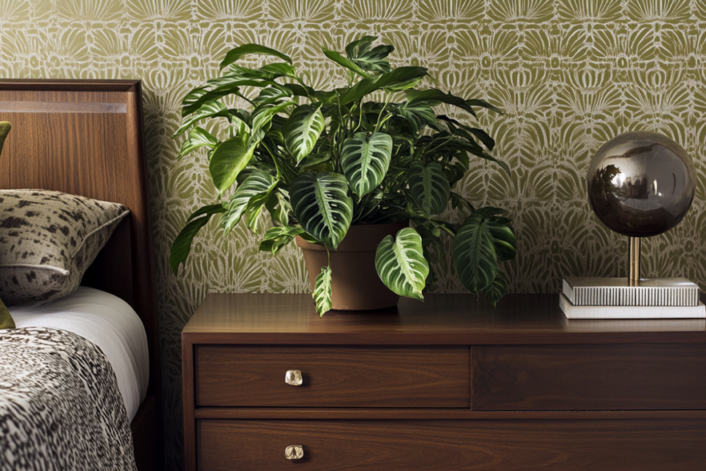 Mid-century modern bedroom with a Prayer Plant on a walnut nightstand, its striking patterned leaves adding elegance as one of the best plants for bedroom styling.