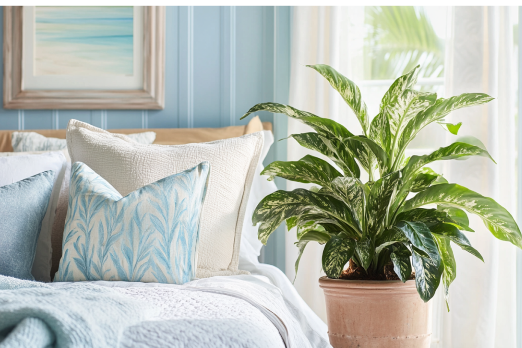 Coastal bedroom with a Chinese Evergreen in a distressed terracotta pot, its variegated leaves enhancing the calming palette, one of the best plants for bedroom settings.