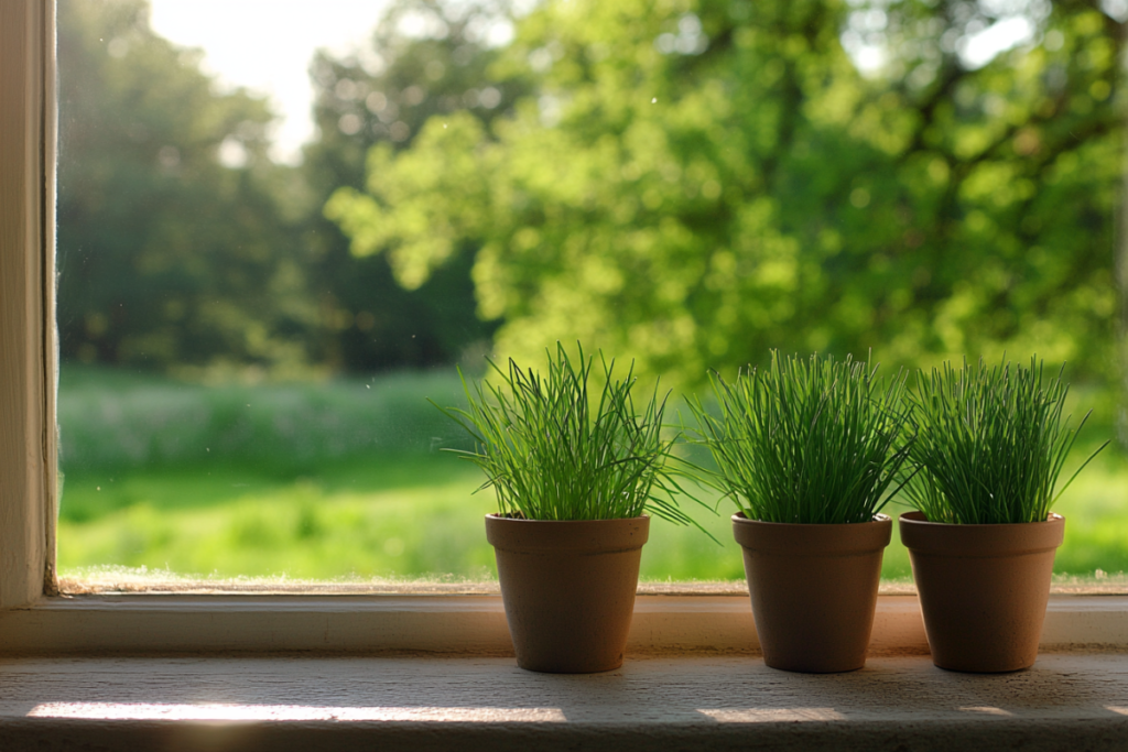 Chives allium schoenoprasum in pots on a window ledge, emphasizing herbs that grow in shade.