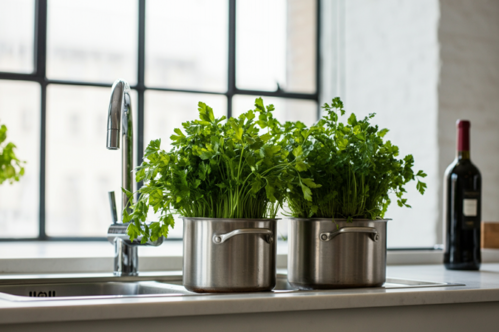 Fresh parsley petroselinum crispum thriving indoors, showcasing herbs that grow in shade on a kitchen counter.