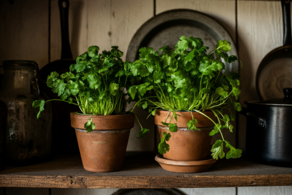 Potted cilantro coriandrum sativum displayed in a rustic kitchen setting, demonstrating herbs that grow in shade.