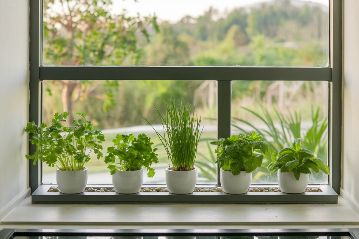 Herbs that grow in shade displayed on a windowsill, including parsley, chives allium schoenoprasum, and mint mentha in white pots.