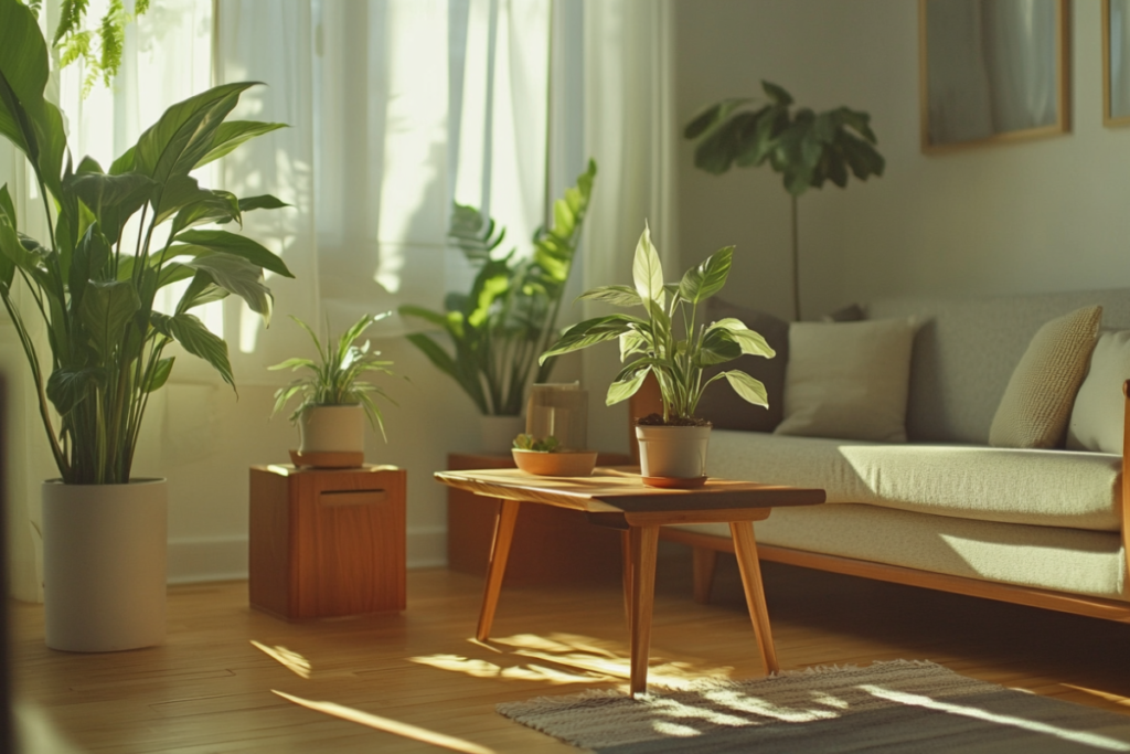 A minimalist living room with tall potted plants, small planters on wooden side tables, a neutral-toned sofa, and soft natural light creating a calming ambiance.