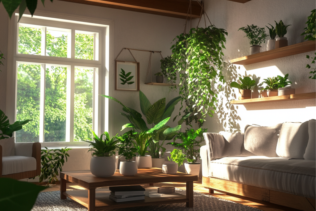 Rustic farm living room ideas with plants with bright wooden beams, cozy seating, lush green plants like philodendrons and ferns arranged on wooden shelves near the window, small plants in white ceramic pots on a coffee table, bright lighting, and a corner decorated with cascading greenery