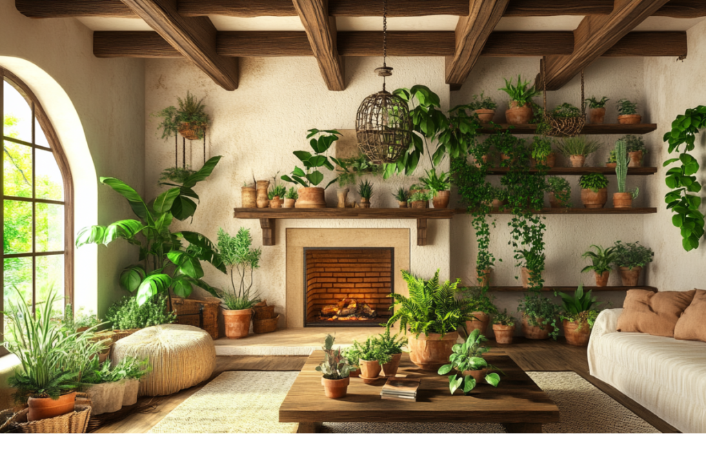 A rustic living room with a cozy fireplace, wooden shelves decorated with lush green plants, terracotta pots, and a wooden coffee table surrounded by greenery.