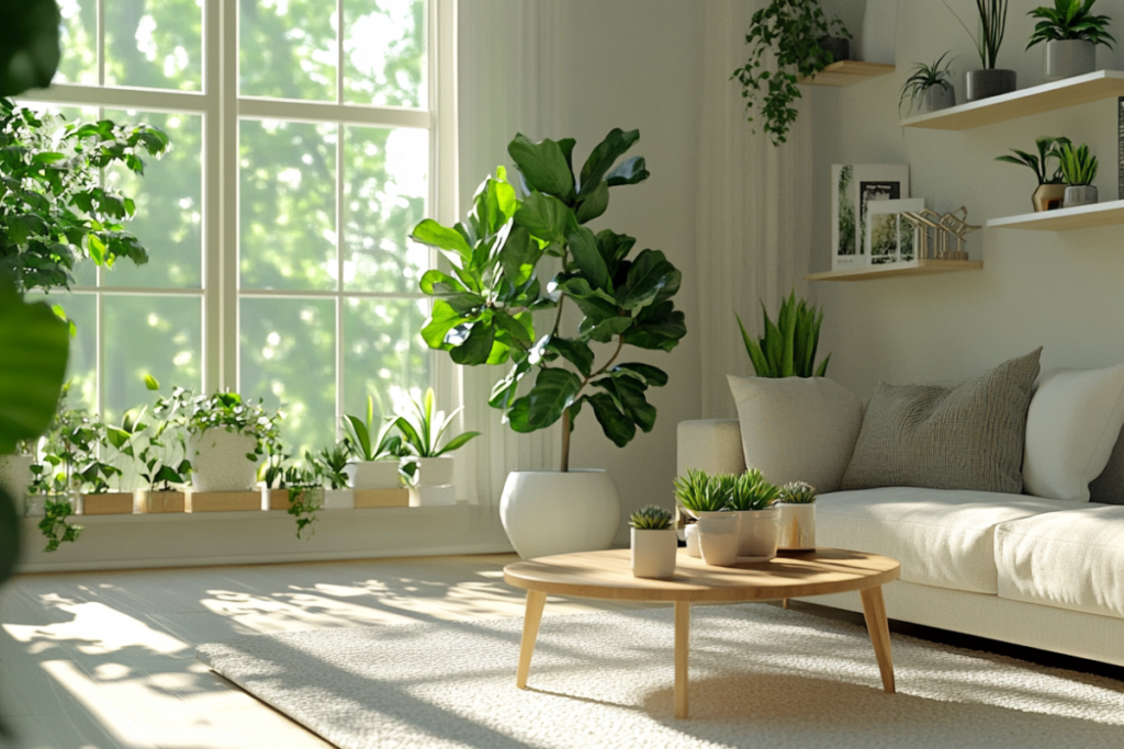 A modern living room with lush green plants, including a fiddle leaf fig, small potted plants on a coffee table, and wall-mounted shelves adorned with greenery.