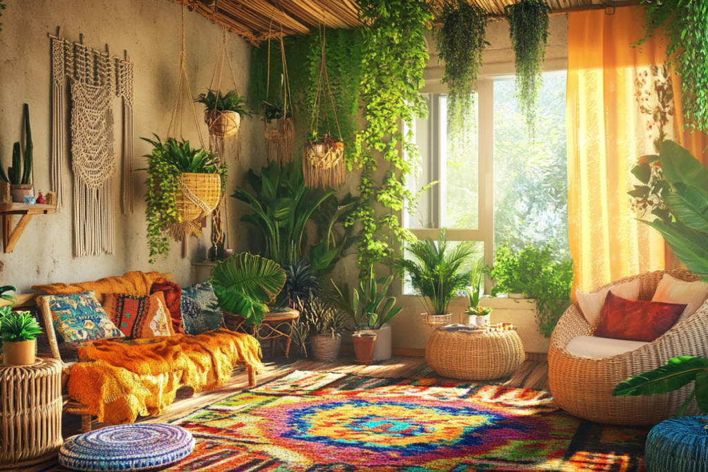 Bohemian-style living room featuring lush green plants, hanging planters, a cozy orange sofa, macramé wall art, and a colorful woven rug with natural sunlight.