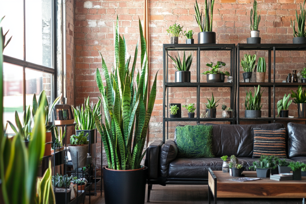 Industrial-style living room featuring tall snake plants, small indoor plants on black metal shelves, exposed brick walls, and a leather couch for a modern touch.