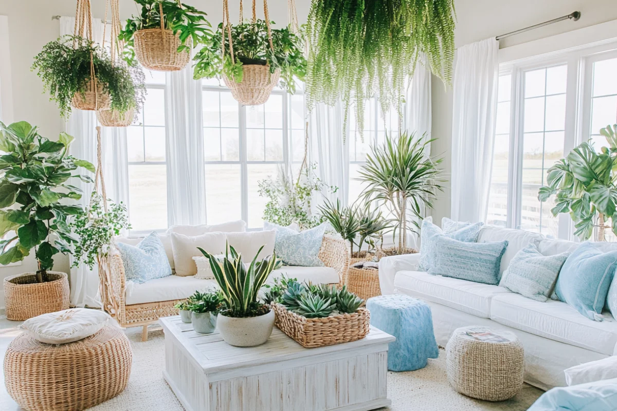 Bright and airy living room ideas with plants, highlighting hanging greenery in wicker baskets, potted plants on the floor, white sofas, and large sunlit windows.