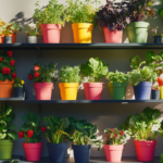 A multi-tiered shelf unit showcasing a colorful array of potted edible plants, including strawberries, herbs, and leafy greens, demonstrating Edible Garden Design for maximizing vertical space.