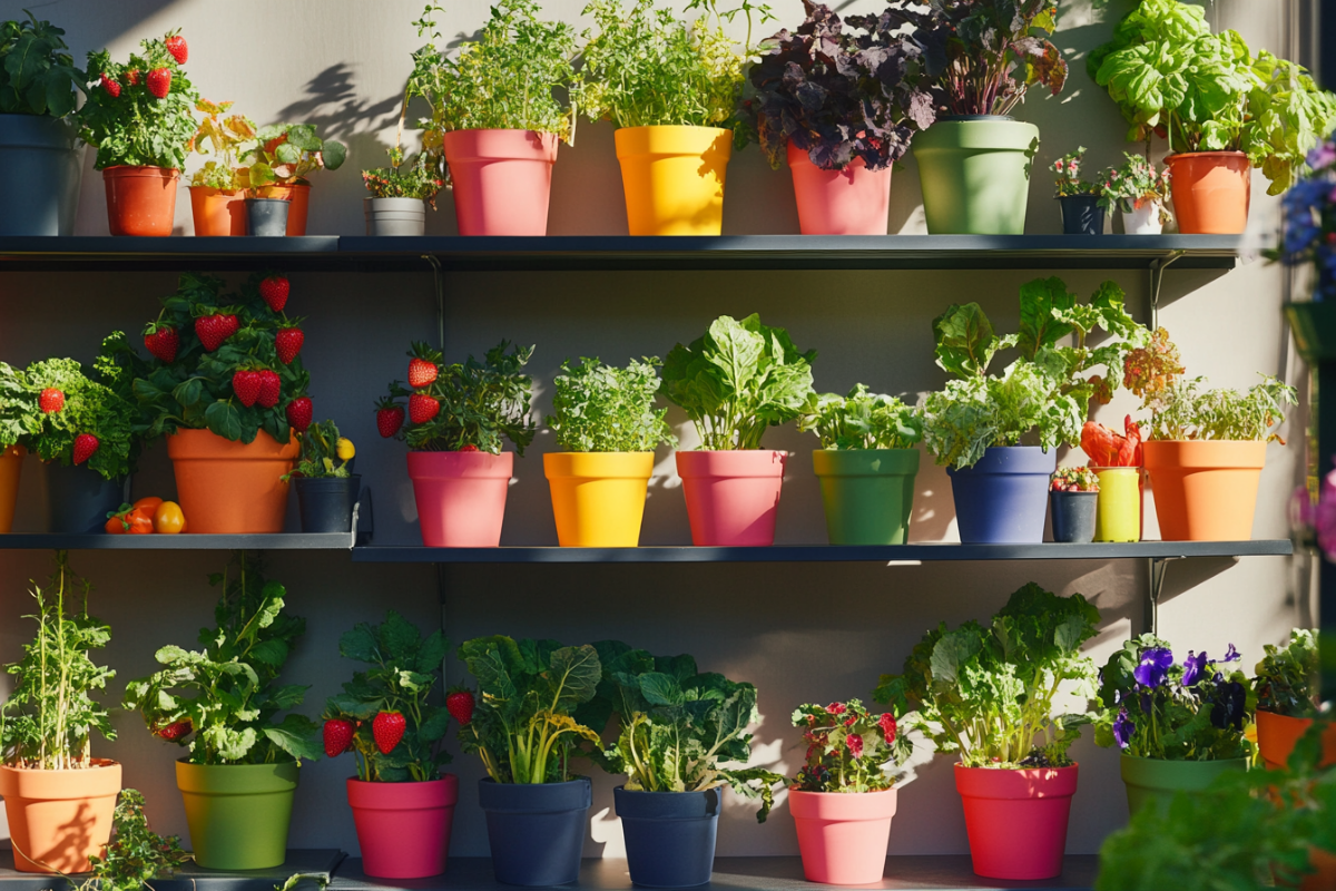 A multi-tiered shelf unit showcasing a colorful array of potted edible plants, including strawberries, herbs, and leafy greens, demonstrating Edible Garden Design for maximizing vertical space.