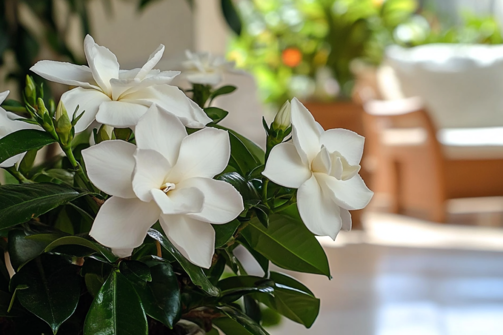 An indoor arrangement of Jasmine Gardenia plants with their signature white flowers, brightening up a cozy living space.