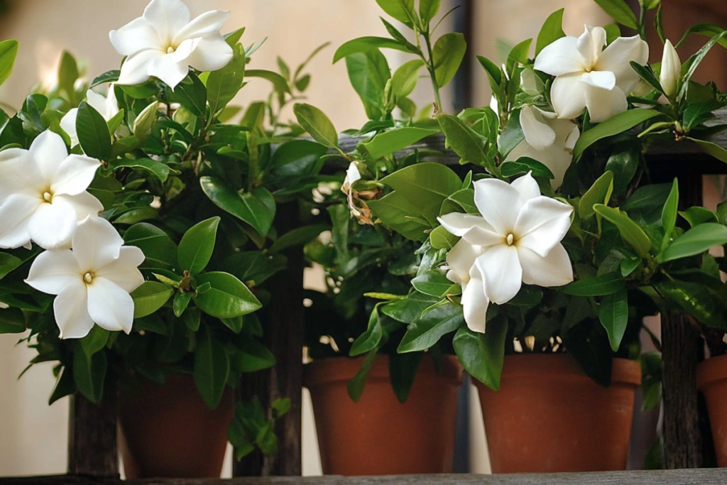 A row of potted Jasmine Gardenia plants, their white blossoms adding charm to a wooden display setting.