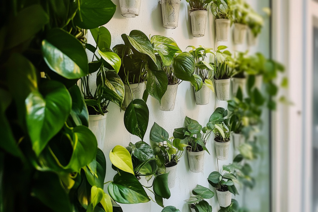 Indoor vertical garden with green leafy plants arranged in white pots, showcasing innovative plant wall ideas for home decor and air quality improvement.