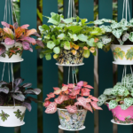 Colorful hanging plants in decorative pots arranged neatly on a teal wall, offering creative plant wall ideas for indoor spaces.