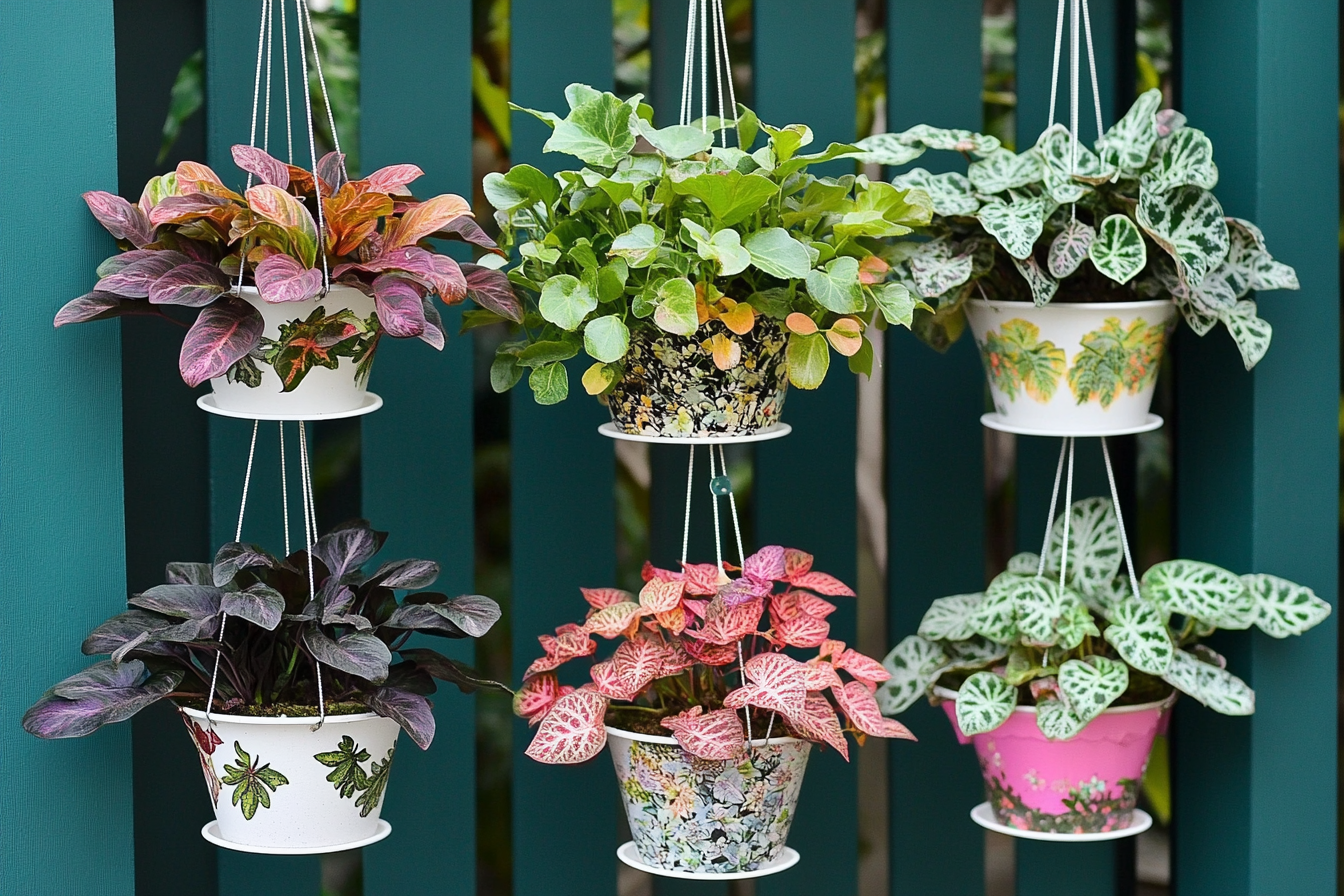 Colorful hanging plants in decorative pots arranged neatly on a teal wall, offering creative plant wall ideas for indoor spaces.