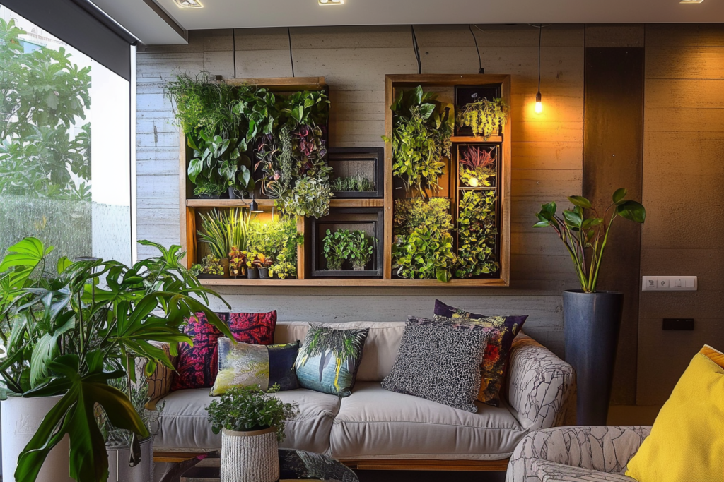 A modern cozy living room with one of plant wall ideas decorating the room.