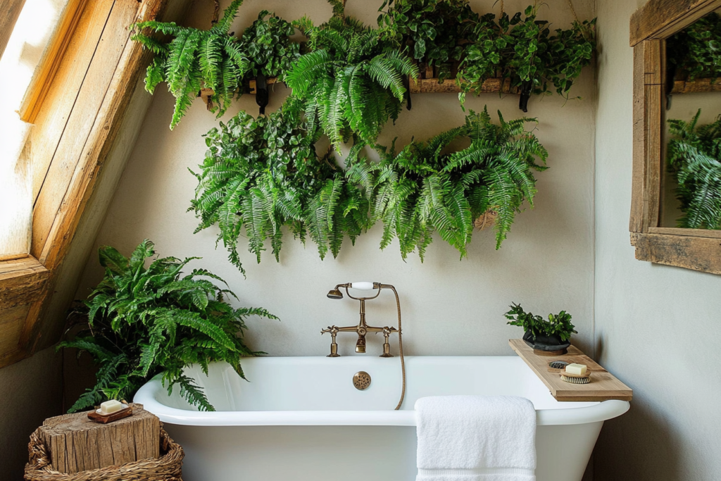 A rustic bathroom with a bathtub and plant wall ideas decorating the room.