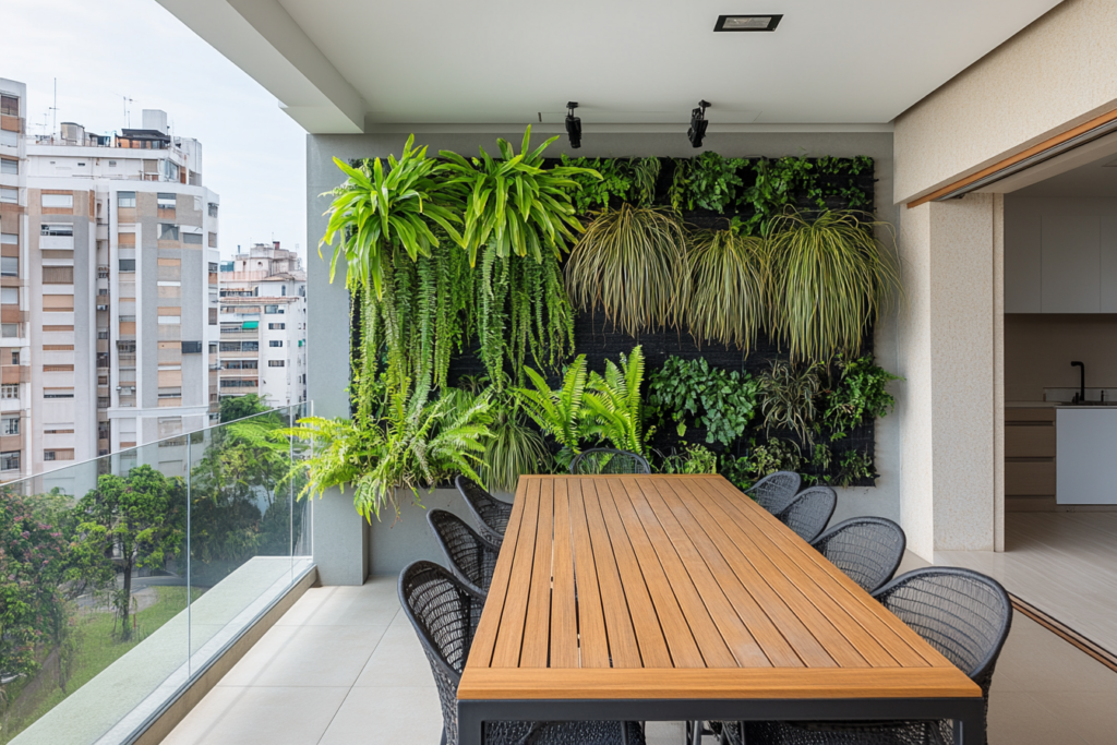 A balcony space featuring a lush vertical garden filled with various plants. There's a long wooden table with chairs, creating a cozy space for lunch time.