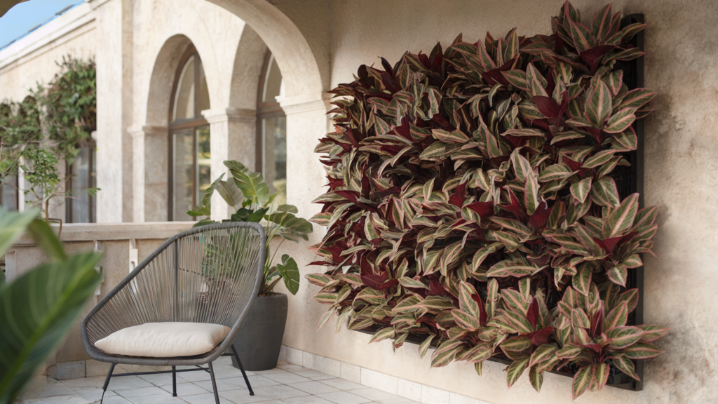 A vibrant plant wall featuring a variety of foliage colors and textures, adding a touch of nature to a patio setting